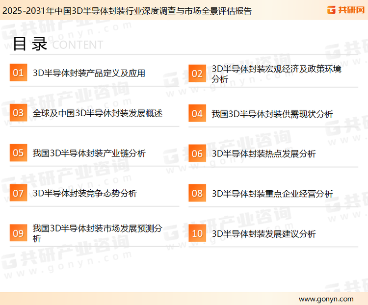 为确保3D半导体封装行业数据精准性以及内容的可参考价值，共研产业研究院团队通过上市公司年报、厂家调研、经销商座谈、专家验证等多渠道开展数据采集工作，并运用共研自主建立的产业分析模型，结合市场、行业和厂商进行深度剖析，能够反映当前市场现状、热点、动态及未来趋势，使从业者能够从多种维度、多个侧面综合了解当前3D半导体封装行业的发展态势。