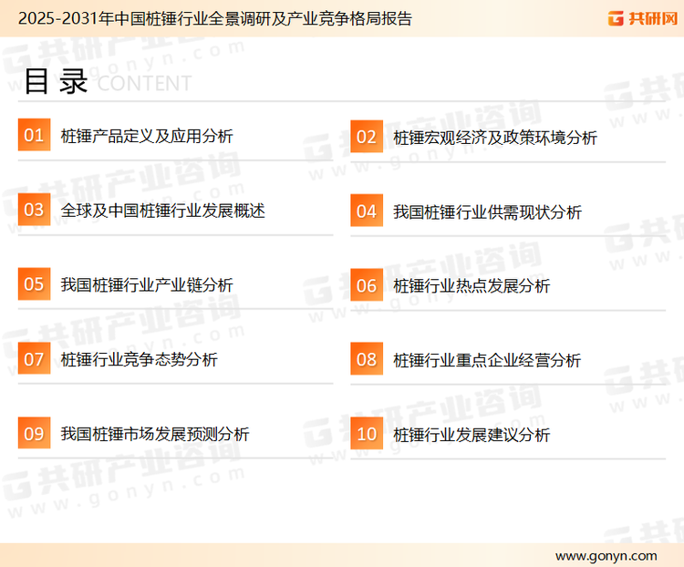 为确保桩锤行业数据精准性以及内容的可参考价值，共研产业研究院团队通过上市公司年报、厂家调研、经销商座谈、专家验证等多渠道开展数据采集工作，并运用共研自主建立的产业分析模型，结合市场、行业和厂商进行深度剖析，能够反映当前市场现状、热点、动态及未来趋势，使从业者能够从多种维度、多个侧面综合了解当前桩锤行业的发展态势。