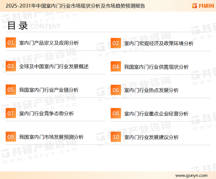 为确保室内门行业数据精准性以及内容的可参考价值，共研产业研究院团队通过上市公司年报、厂家调研、经销商座谈、专家验证等多渠道开展数据采集工作，并运用共研自主建立的产业分析模型，结合市场、行业和厂商进行深度剖析，能够反映当前市场现状、热点、动态及未来趋势，使从业者能够从多种维度、多个侧面综合了解当前室内门行业的发展态势。