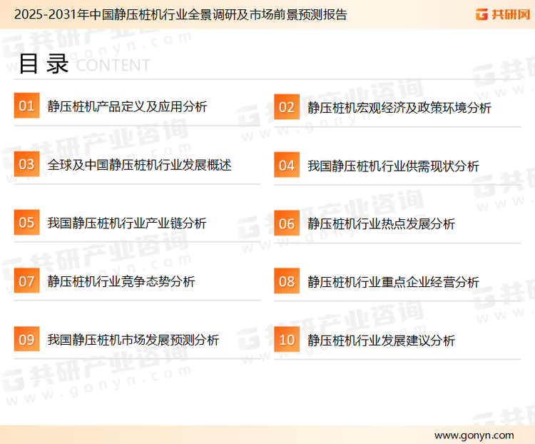 为确保静压桩机行业数据精准性以及内容的可参考价值，共研产业研究院团队通过上市公司年报、厂家调研、经销商座谈、专家验证等多渠道开展数据采集工作，并运用共研自主建立的产业分析模型，结合市场、行业和厂商进行深度剖析，能够反映当前市场现状、热点、动态及未来趋势，使从业者能够从多种维度、多个侧面综合了解当前静压桩机行业的发展态势。