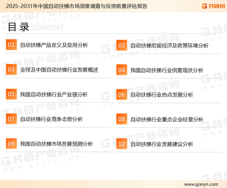 为确保自动扶梯行业数据精准性以及内容的可参考价值，共研产业研究院团队通过上市公司年报、厂家调研、经销商座谈、专家验证等多渠道开展数据采集工作，并运用共研自主建立的产业分析模型，结合市场、行业和厂商进行深度剖析，能够反映当前市场现状、热点、动态及未来趋势，使从业者能够从多种维度、多个侧面综合了解当前自动扶梯行业的发展态势。
