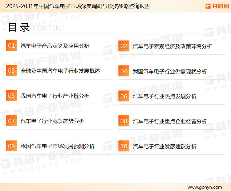 为确保汽车电子行业数据精准性以及内容的可参考价值，共研产业研究院团队通过上市公司年报、厂家调研、经销商座谈、专家验证等多渠道开展数据采集工作，并运用共研自主建立的产业分析模型，结合市场、行业和厂商进行深度剖析，能够反映当前市场现状、热点、动态及未来趋势，使从业者能够从多种维度、多个侧面综合了解当前汽车电子行业的发展态势。