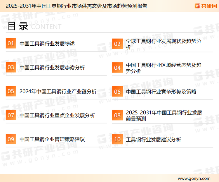 为确保工具钢行业数据精准性以及内容的可参考价值，共研产业研究院团队通过上市公司年报、厂家调研、经销商座谈、专家验证等多渠道开展数据采集工作，并运用共研自主建立的产业分析模型，结合市场、行业和厂商进行深度剖析，能够反映当前市场现状、热点、动态及未来趋势，使从业者能够从多种维度、多个侧面综合了解当前工具钢行业的发展态势。