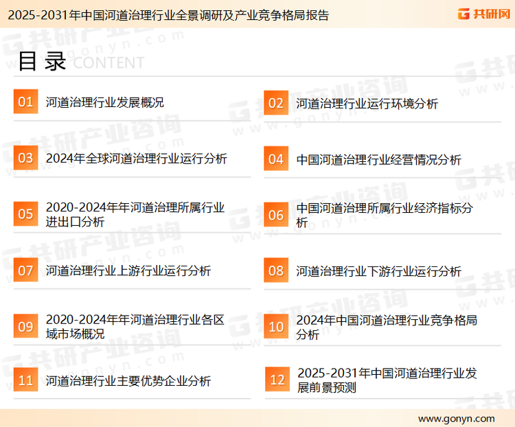 为确保河道治理行业数据精准性以及内容的可参考价值，共研产业研究院团队通过上市公司年报、厂家调研、经销商座谈、专家验证等多渠道开展数据采集工作，并运用共研自主建立的产业分析模型，结合市场、行业和厂商进行深度剖析，能够反映当前市场现状、热点、动态及未来趋势，使从业者能够从多种维度、多个侧面综合了解当前河道治理行业的发展态势。