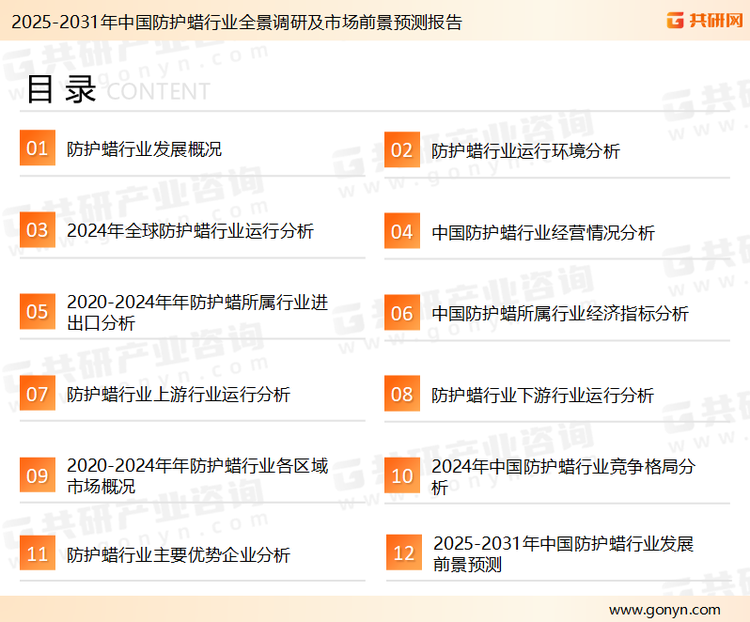 为确保防护蜡行业数据精准性以及内容的可参考价值，共研产业研究院团队通过上市公司年报、厂家调研、经销商座谈、专家验证等多渠道开展数据采集工作，并运用共研自主建立的产业分析模型，结合市场、行业和厂商进行深度剖析，能够反映当前市场现状、热点、动态及未来趋势，使从业者能够从多种维度、多个侧面综合了解当前防护蜡行业的发展态势。