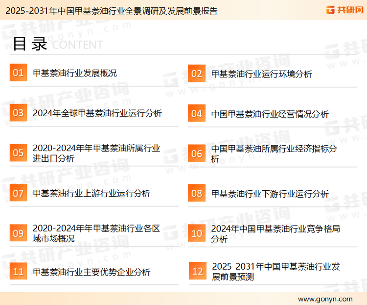 为确保甲基萘油行业数据精准性以及内容的可参考价值，共研产业研究院团队通过上市公司年报、厂家调研、经销商座谈、专家验证等多渠道开展数据采集工作，并运用共研自主建立的产业分析模型，结合市场、行业和厂商进行深度剖析，能够反映当前市场现状、热点、动态及未来趋势，使从业者能够从多种维度、多个侧面综合了解当前甲基萘油行业的发展态势。