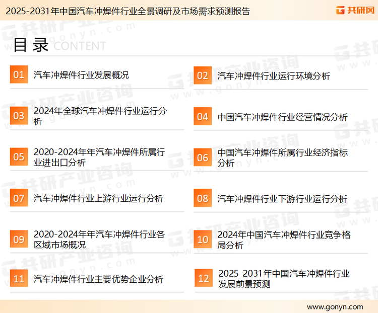 为确保汽车冲焊件行业数据精准性以及内容的可参考价值，共研产业研究院团队通过上市公司年报、厂家调研、经销商座谈、专家验证等多渠道开展数据采集工作，并运用共研自主建立的产业分析模型，结合市场、行业和厂商进行深度剖析，能够反映当前市场现状、热点、动态及未来趋势，使从业者能够从多种维度、多个侧面综合了解当前汽车冲焊件行业的发展态势。