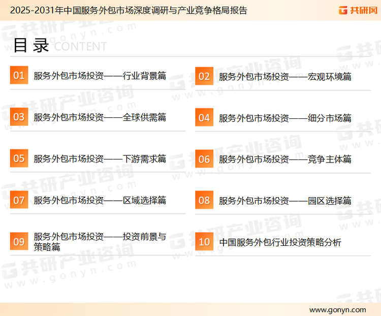 为确保服务外包行业数据精准性以及内容的可参考价值，共研产业研究院团队通过上市公司年报、厂家调研、经销商座谈、专家验证等多渠道开展数据采集工作，并运用共研自主建立的产业分析模型，结合市场、行业和厂商进行深度剖析，能够反映当前市场现状、热点、动态及未来趋势，使从业者能够从多种维度、多个侧面综合了解当前服务外包行业的发展态势。