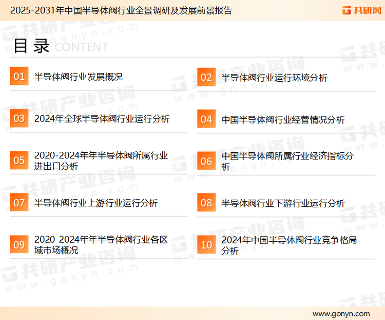 为确保半导体阀行业数据精准性以及内容的可参考价值，共研产业研究院团队通过上市公司年报、厂家调研、经销商座谈、专家验证等多渠道开展数据采集工作，并运用共研自主建立的产业分析模型，结合市场、行业和厂商进行深度剖析，能够反映当前市场现状、热点、动态及未来趋势，使从业者能够从多种维度、多个侧面综合了解当前半导体阀行业的发展态势。