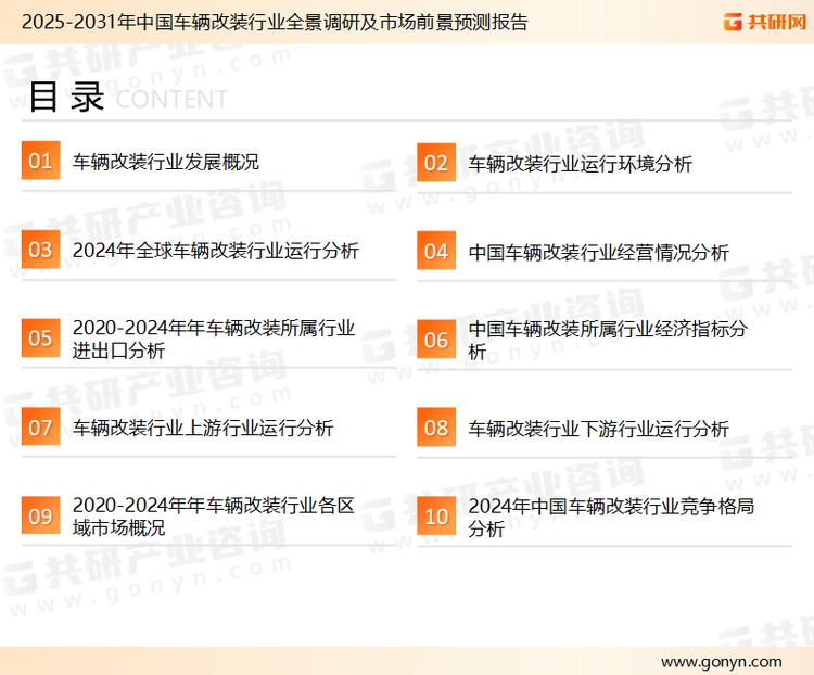为确保车辆改装行业数据精准性以及内容的可参考价值，共研产业研究院团队通过上市公司年报、厂家调研、经销商座谈、专家验证等多渠道开展数据采集工作，并运用共研自主建立的产业分析模型，结合市场、行业和厂商进行深度剖析，能够反映当前市场现状、热点、动态及未来趋势，使从业者能够从多种维度、多个侧面综合了解当前车辆改装行业的发展态势。