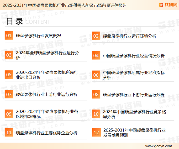 为确保硬盘录像机行业数据精准性以及内容的可参考价值，共研产业研究院团队通过上市公司年报、厂家调研、经销商座谈、专家验证等多渠道开展数据采集工作，并运用共研自主建立的产业分析模型，结合市场、行业和厂商进行深度剖析，能够反映当前市场现状、热点、动态及未来趋势，使从业者能够从多种维度、多个侧面综合了解当前硬盘录像机行业的发展态势。