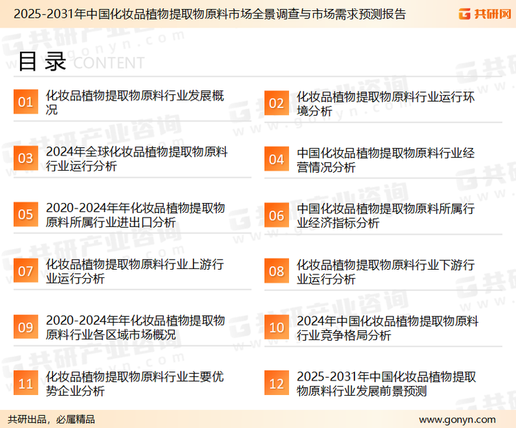 为确保化妆品植物提取物原料行业数据精准性以及内容的可参考价值，共研产业研究院团队通过上市公司年报、厂家调研、经销商座谈、专家验证等多渠道开展数据采集工作，并运用共研自主建立的产业分析模型，结合市场、行业和厂商进行深度剖析，能够反映当前市场现状、热点、动态及未来趋势，使从业者能够从多种维度、多个侧面综合了解当前化妆品植物提取物原料行业的发展态势。