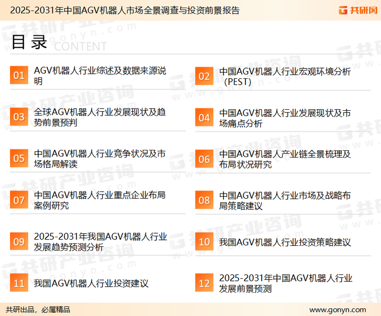 为确保AGV机器人行业数据精准性以及内容的可参考价值，共研产业研究院团队通过上市公司年报、厂家调研、经销商座谈、专家验证等多渠道开展数据采集工作，并运用共研自主建立的产业分析模型，结合市场、行业和厂商进行深度剖析，能够反映当前市场现状、热点、动态及未来趋势，使从业者能够从多种维度、多个侧面综合了解当前AGV机器人行业的发展态势。