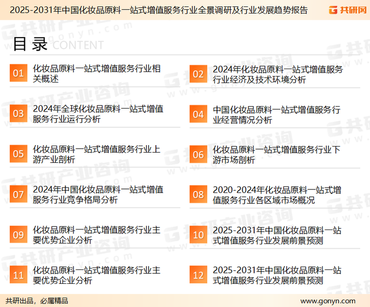 为确保化妆品原料一站式增值服务行业数据精准性以及内容的可参考价值，共研产业研究院团队通过上市公司年报、厂家调研、经销商座谈、专家验证等多渠道开展数据采集工作，并运用共研自主建立的产业分析模型，结合市场、行业和厂商进行深度剖析，能够反映当前市场现状、热点、动态及未来趋势，使从业者能够从多种维度、多个侧面综合了解当前化妆品原料一站式增值服务行业的发展态势。