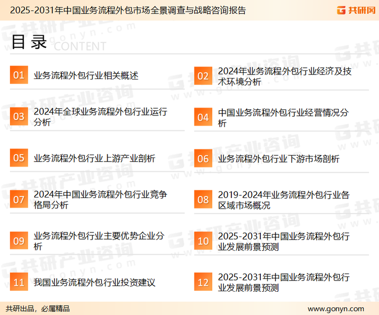 为确保业务流程外包行业数据精准性以及内容的可参考价值，共研产业研究院团队通过上市公司年报、厂家调研、经销商座谈、专家验证等多渠道开展数据采集工作，并运用共研自主建立的产业分析模型，结合市场、行业和厂商进行深度剖析，能够反映当前市场现状、热点、动态及未来趋势，使从业者能够从多种维度、多个侧面综合了解当前业务流程外包行业的发展态势。