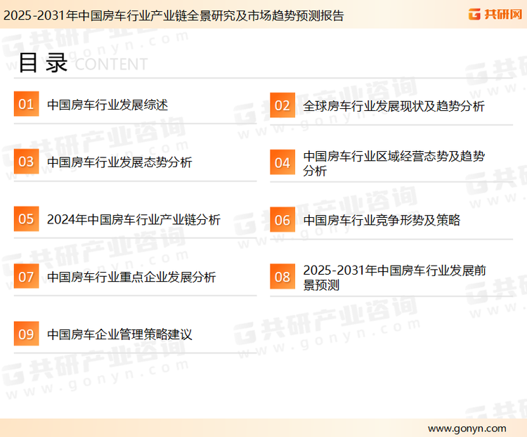 为确保房车行业数据精准性以及内容的可参考价值，共研产业研究院团队通过上市公司年报、厂家调研、经销商座谈、专家验证等多渠道开展数据采集工作，并运用共研自主建立的产业分析模型，结合市场、行业和厂商进行深度剖析，能够反映当前市场现状、热点、动态及未来趋势，使从业者能够从多种维度、多个侧面综合了解当前房车行业的发展态势。