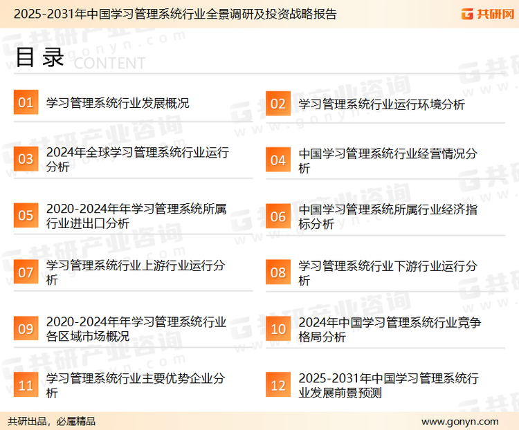 为确保学习管理系统行业数据精准性以及内容的可参考价值，共研产业研究院团队通过上市公司年报、厂家调研、经销商座谈、专家验证等多渠道开展数据采集工作，并运用共研自主建立的产业分析模型，结合市场、行业和厂商进行深度剖析，能够反映当前市场现状、热点、动态及未来趋势，使从业者能够从多种维度、多个侧面综合了解当前学习管理系统行业的发展态势。