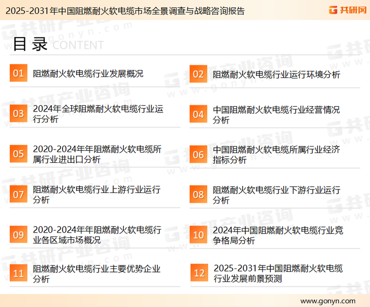 为确保阻燃耐火软电缆行业数据精准性以及内容的可参考价值，共研产业研究院团队通过上市公司年报、厂家调研、经销商座谈、专家验证等多渠道开展数据采集工作，并运用共研自主建立的产业分析模型，结合市场、行业和厂商进行深度剖析，能够反映当前市场现状、热点、动态及未来趋势，使从业者能够从多种维度、多个侧面综合了解当前阻燃耐火软电缆行业的发展态势。