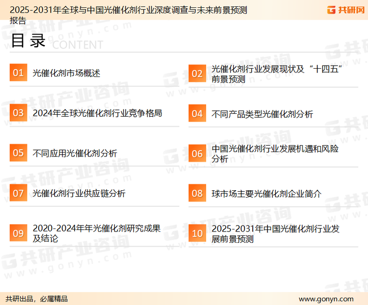 为确保光催化剂行业数据精准性以及内容的可参考价值，共研产业研究院团队通过上市公司年报、厂家调研、经销商座谈、专家验证等多渠道开展数据采集工作，并运用共研自主建立的产业分析模型，结合市场、行业和厂商进行深度剖析，能够反映当前市场现状、热点、动态及未来趋势，使从业者能够从多种维度、多个侧面综合了解当前光催化剂行业的发展态势。