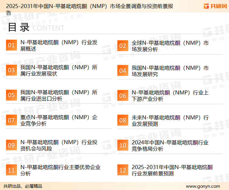 为确保N-甲基吡咯烷酮行业数据精准性以及内容的可参考价值，共研产业研究院团队通过上市公司年报、厂家调研、经销商座谈、专家验证等多渠道开展数据采集工作，并运用共研自主建立的产业分析模型，结合市场、行业和厂商进行深度剖析，能够反映当前市场现状、热点、动态及未来趋势，使从业者能够从多种维度、多个侧面综合了解当前N-甲基吡咯烷酮行业的发展态势。
