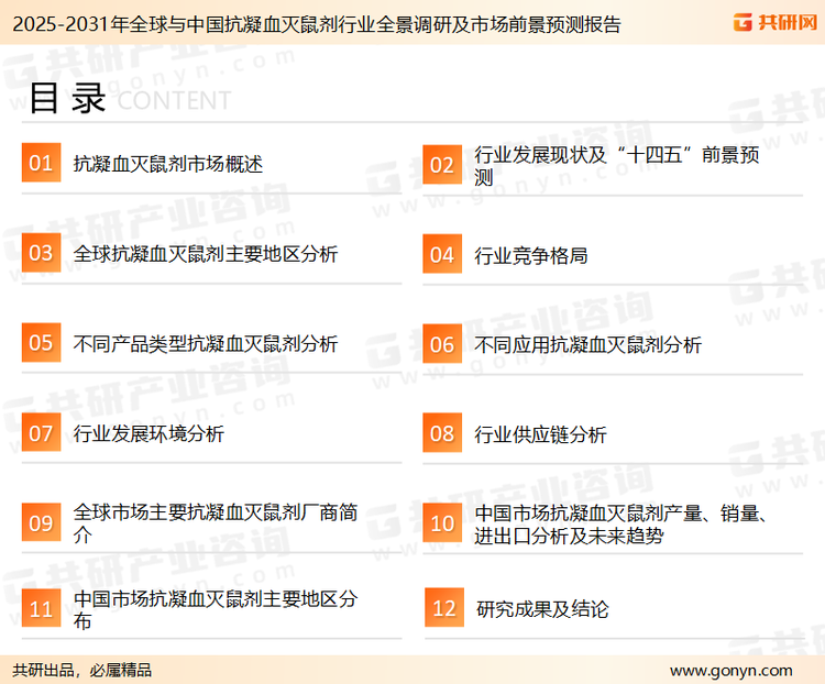 为确保抗凝血灭鼠剂行业数据精准性以及内容的可参考价值，共研产业研究院团队通过上市公司年报、厂家调研、经销商座谈、专家验证等多渠道开展数据采集工作，并运用共研自主建立的产业分析模型，结合市场、行业和厂商进行深度剖析，能够反映当前市场现状、热点、动态及未来趋势，使从业者能够从多种维度、多个侧面综合了解当前抗凝血灭鼠剂行业的发展态势。
