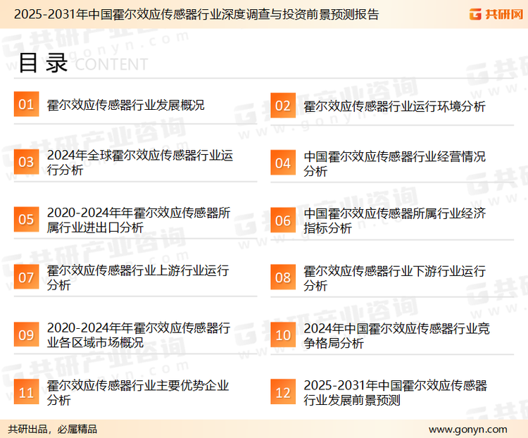 为确保霍尔效应传感器行业数据精准性以及内容的可参考价值，共研产业研究院团队通过上市公司年报、厂家调研、经销商座谈、专家验证等多渠道开展数据采集工作，并运用共研自主建立的产业分析模型，结合市场、行业和厂商进行深度剖析，能够反映当前市场现状、热点、动态及未来趋势，使从业者能够从多种维度、多个侧面综合了解当前霍尔效应传感器行业的发展态势。