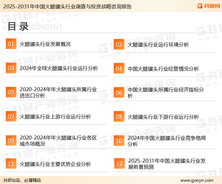 为确保火腿罐头行业数据精准性以及内容的可参考价值，共研产业研究院团队通过上市公司年报、厂家调研、经销商座谈、专家验证等多渠道开展数据采集工作，并运用共研自主建立的产业分析模型，结合市场、行业和厂商进行深度剖析，能够反映当前市场现状、热点、动态及未来趋势，使从业者能够从多种维度、多个侧面综合了解当前火腿罐头行业的发展态势。
