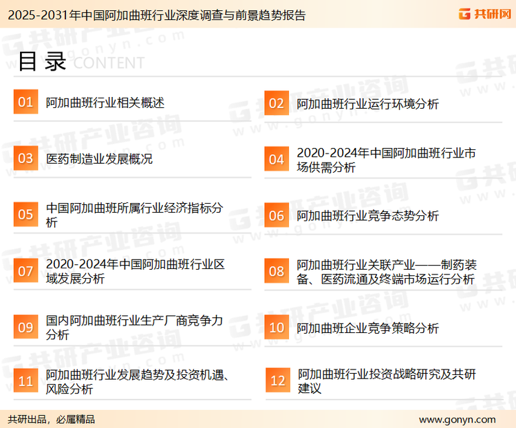 为确保阿加曲班行业数据精准性以及内容的可参考价值，共研产业研究院团队通过上市公司年报、厂家调研、经销商座谈、专家验证等多渠道开展数据采集工作，并运用共研自主建立的产业分析模型，结合市场、行业和厂商进行深度剖析，能够反映当前市场现状、热点、动态及未来趋势，使从业者能够从多种维度、多个侧面综合了解当前阿加曲班行业的发展态势。