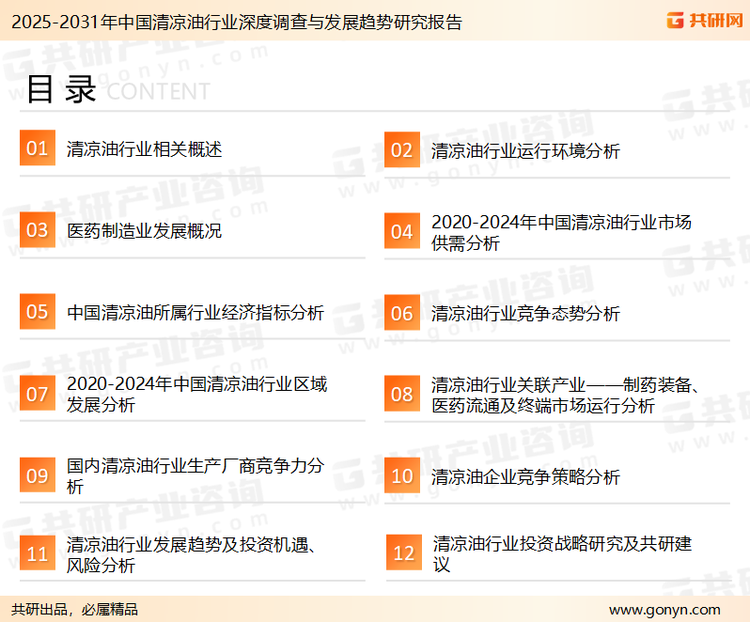 为确保清凉油行业数据精准性以及内容的可参考价值，共研产业研究院团队通过上市公司年报、厂家调研、经销商座谈、专家验证等多渠道开展数据采集工作，并运用共研自主建立的产业分析模型，结合市场、行业和厂商进行深度剖析，能够反映当前市场现状、热点、动态及未来趋势，使从业者能够从多种维度、多个侧面综合了解当前清凉油行业的发展态势。