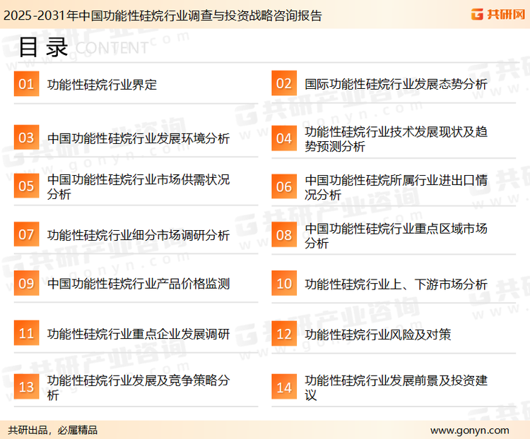 为确保功能性硅烷行业数据精准性以及内容的可参考价值，共研产业研究院团队通过上市公司年报、厂家调研、经销商座谈、专家验证等多渠道开展数据采集工作，并运用共研自主建立的产业分析模型，结合市场、行业和厂商进行深度剖析，能够反映当前市场现状、热点、动态及未来趋势，使从业者能够从多种维度、多个侧面综合了解当前功能性硅烷行业的发展态势。