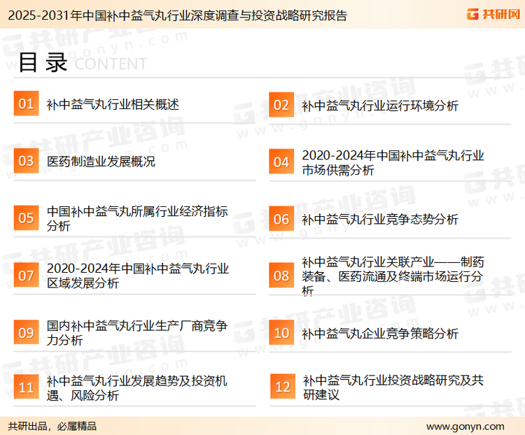 为确保补中益气丸行业数据精准性以及内容的可参考价值，共研产业研究院团队通过上市公司年报、厂家调研、经销商座谈、专家验证等多渠道开展数据采集工作，并运用共研自主建立的产业分析模型，结合市场、行业和厂商进行深度剖析，能够反映当前市场现状、热点、动态及未来趋势，使从业者能够从多种维度、多个侧面综合了解当前补中益气丸行业的发展态势。