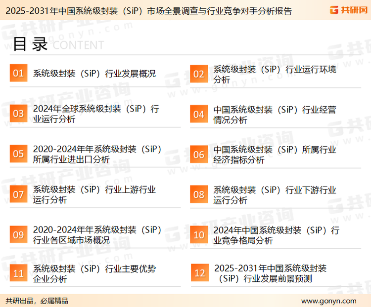 为确保系统级封装（SiP）行业数据精准性以及内容的可参考价值，共研产业研究院团队通过上市公司年报、厂家调研、经销商座谈、专家验证等多渠道开展数据采集工作，并运用共研自主建立的产业分析模型，结合市场、行业和厂商进行深度剖析，能够反映当前市场现状、热点、动态及未来趋势，使从业者能够从多种维度、多个侧面综合了解当前系统级封装（SiP）行业的发展态势。