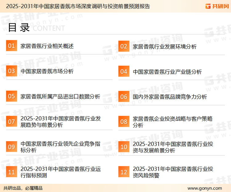 为确保家居香氛行业数据精准性以及内容的可参考价值，共研产业研究院团队通过上市公司年报、厂家调研、经销商座谈、专家验证等多渠道开展数据采集工作，并运用共研自主建立的产业分析模型，结合市场、行业和厂商进行深度剖析，能够反映当前市场现状、热点、动态及未来趋势，使从业者能够从多种维度、多个侧面综合了解当前家居香氛行业的发展态势。