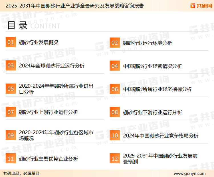 为确保硼砂行业数据精准性以及内容的可参考价值，共研产业研究院团队通过上市公司年报、厂家调研、经销商座谈、专家验证等多渠道开展数据采集工作，并运用共研自主建立的产业分析模型，结合市场、行业和厂商进行深度剖析，能够反映当前市场现状、热点、动态及未来趋势，使从业者能够从多种维度、多个侧面综合了解当前硼砂行业的发展态势。