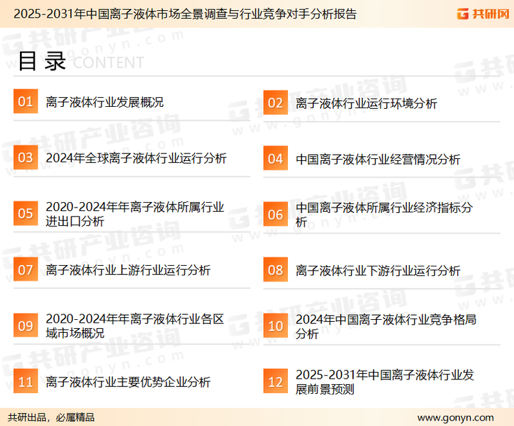 为确保离子液体行业数据精准性以及内容的可参考价值，共研产业研究院团队通过上市公司年报、厂家调研、经销商座谈、专家验证等多渠道开展数据采集工作，并运用共研自主建立的产业分析模型，结合市场、行业和厂商进行深度剖析，能够反映当前市场现状、热点、动态及未来趋势，使从业者能够从多种维度、多个侧面综合了解当前离子液体行业的发展态势。