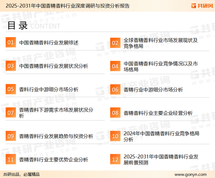 为确保香精香料行业数据精准性以及内容的可参考价值，共研产业研究院团队通过上市公司年报、厂家调研、经销商座谈、专家验证等多渠道开展数据采集工作，并运用共研自主建立的产业分析模型，结合市场、行业和厂商进行深度剖析，能够反映当前市场现状、热点、动态及未来趋势，使从业者能够从多种维度、多个侧面综合了解当前香精香料行业的发展态势。