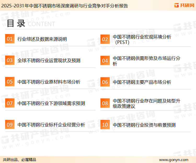 为确保不锈钢行业数据精准性以及内容的可参考价值，共研产业研究院团队通过上市公司年报、厂家调研、经销商座谈、专家验证等多渠道开展数据采集工作，并运用共研自主建立的产业分析模型，结合市场、行业和厂商进行深度剖析，能够反映当前市场现状、热点、动态及未来趋势，使从业者能够从多种维度、多个侧面综合了解当前不锈钢行业的发展态势。