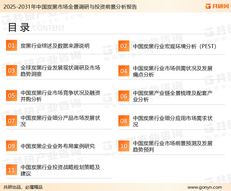 为确保炭黑行业数据精准性以及内容的可参考价值，共研产业研究院团队通过上市公司年报、厂家调研、经销商座谈、专家验证等多渠道开展数据采集工作，并运用共研自主建立的产业分析模型，结合市场、行业和厂商进行深度剖析，能够反映当前市场现状、热点、动态及未来趋势，使从业者能够从多种维度、多个侧面综合了解当前炭黑行业的发展态势。