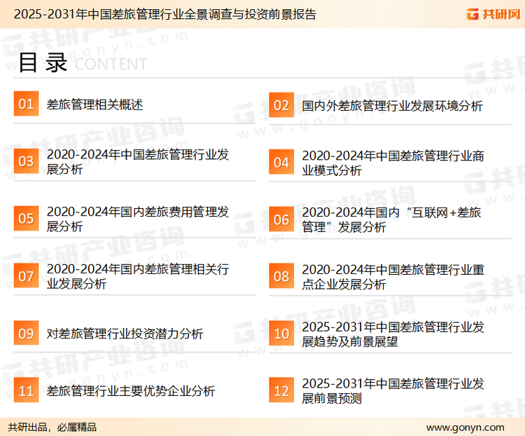为确保差旅管理行业数据精准性以及内容的可参考价值，共研产业研究院团队通过上市公司年报、厂家调研、经销商座谈、专家验证等多渠道开展数据采集工作，并运用共研自主建立的产业分析模型，结合市场、行业和厂商进行深度剖析，能够反映当前市场现状、热点、动态及未来趋势，使从业者能够从多种维度、多个侧面综合了解当前差旅管理行业的发展态势。