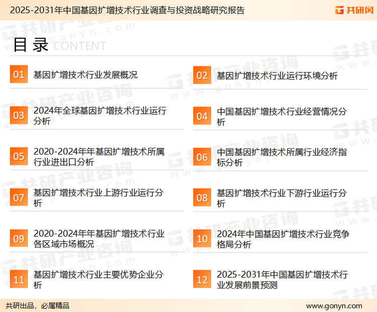 为确保基因扩增技术行业数据精准性以及内容的可参考价值，共研产业研究院团队通过上市公司年报、厂家调研、经销商座谈、专家验证等多渠道开展数据采集工作，并运用共研自主建立的产业分析模型，结合市场、行业和厂商进行深度剖析，能够反映当前市场现状、热点、动态及未来趋势，使从业者能够从多种维度、多个侧面综合了解当前基因扩增技术行业的发展态势。