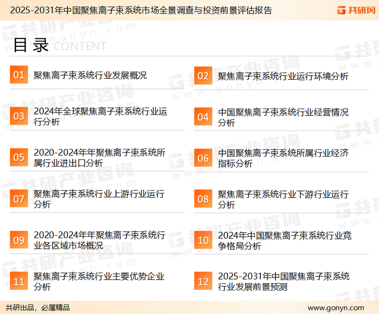 为确保聚焦离子束系统行业数据精准性以及内容的可参考价值，共研产业研究院团队通过上市公司年报、厂家调研、经销商座谈、专家验证等多渠道开展数据采集工作，并运用共研自主建立的产业分析模型，结合市场、行业和厂商进行深度剖析，能够反映当前市场现状、热点、动态及未来趋势，使从业者能够从多种维度、多个侧面综合了解当前聚焦离子束系统行业的发展态势。