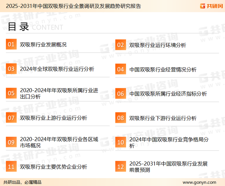 为确保双吸泵行业数据精准性以及内容的可参考价值，共研产业研究院团队通过上市公司年报、厂家调研、经销商座谈、专家验证等多渠道开展数据采集工作，并运用共研自主建立的产业分析模型，结合市场、行业和厂商进行深度剖析，能够反映当前市场现状、热点、动态及未来趋势，使从业者能够从多种维度、多个侧面综合了解当前双吸泵行业的发展态势。
