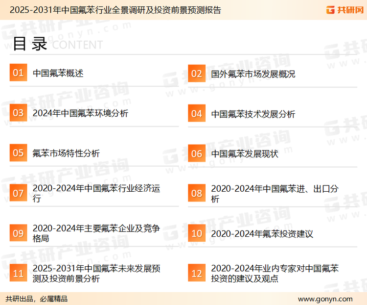 为确保氟苯行业数据精准性以及内容的可参考价值，共研产业研究院团队通过上市公司年报、厂家调研、经销商座谈、专家验证等多渠道开展数据采集工作，并运用共研自主建立的产业分析模型，结合市场、行业和厂商进行深度剖析，能够反映当前市场现状、热点、动态及未来趋势，使从业者能够从多种维度、多个侧面综合了解当前氟苯行业的发展态势。