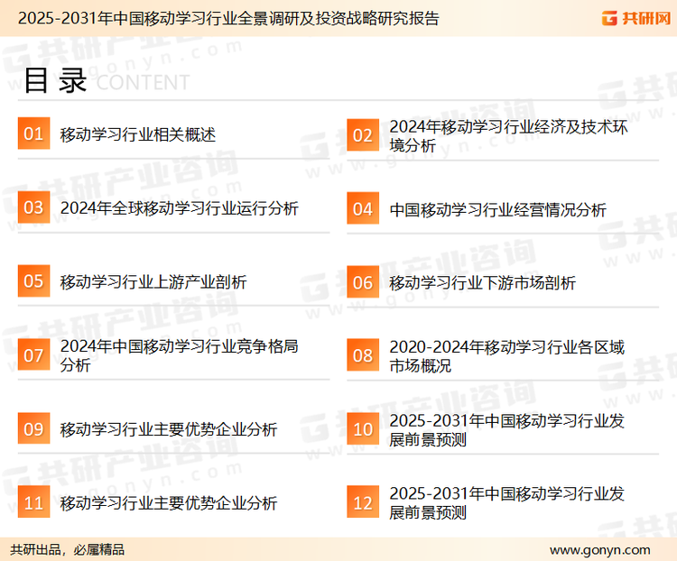 为确保移动学习行业数据精准性以及内容的可参考价值，共研产业研究院团队通过上市公司年报、厂家调研、经销商座谈、专家验证等多渠道开展数据采集工作，并运用共研自主建立的产业分析模型，结合市场、行业和厂商进行深度剖析，能够反映当前市场现状、热点、动态及未来趋势，使从业者能够从多种维度、多个侧面综合了解当前移动学习行业的发展态势。
