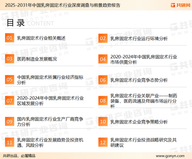 为确保乳房固定术行业数据精准性以及内容的可参考价值，共研产业研究院团队通过上市公司年报、厂家调研、经销商座谈、专家验证等多渠道开展数据采集工作，并运用共研自主建立的产业分析模型，结合市场、行业和厂商进行深度剖析，能够反映当前市场现状、热点、动态及未来趋势，使从业者能够从多种维度、多个侧面综合了解当前乳房固定术行业的发展态势。