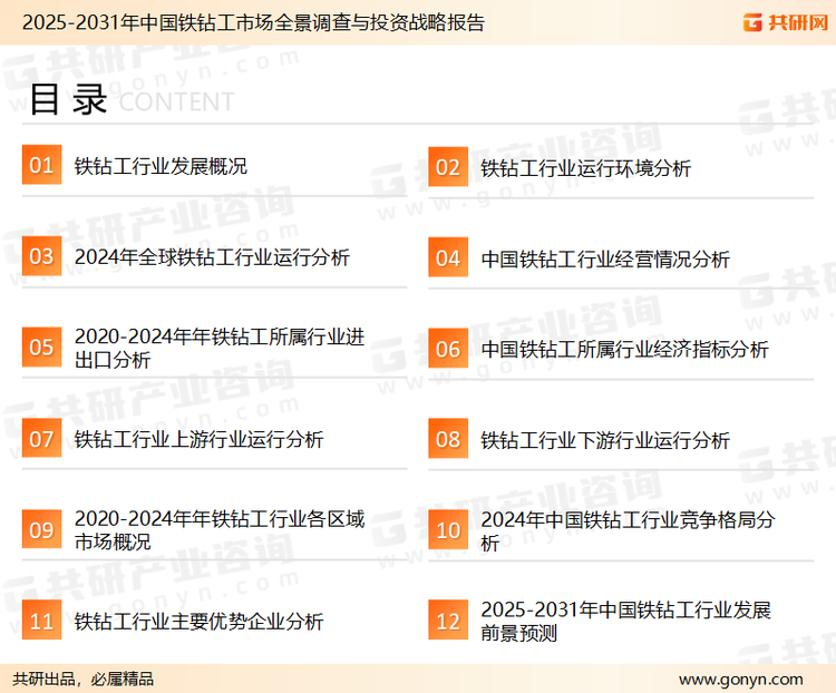 为确保铁钻工行业数据精准性以及内容的可参考价值，共研产业研究院团队通过上市公司年报、厂家调研、经销商座谈、专家验证等多渠道开展数据采集工作，并运用共研自主建立的产业分析模型，结合市场、行业和厂商进行深度剖析，能够反映当前市场现状、热点、动态及未来趋势，使从业者能够从多种维度、多个侧面综合了解当前铁钻工行业的发展态势。