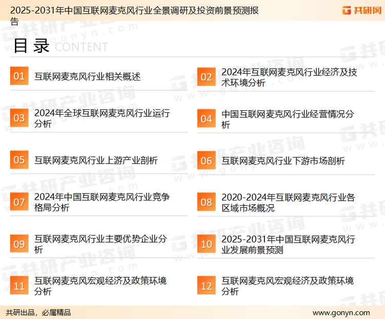 为确保互联网麦克风行业数据精准性以及内容的可参考价值，共研产业研究院团队通过上市公司年报、厂家调研、经销商座谈、专家验证等多渠道开展数据采集工作，并运用共研自主建立的产业分析模型，结合市场、行业和厂商进行深度剖析，能够反映当前市场现状、热点、动态及未来趋势，使从业者能够从多种维度、多个侧面综合了解当前互联网麦克风行业的发展态势。