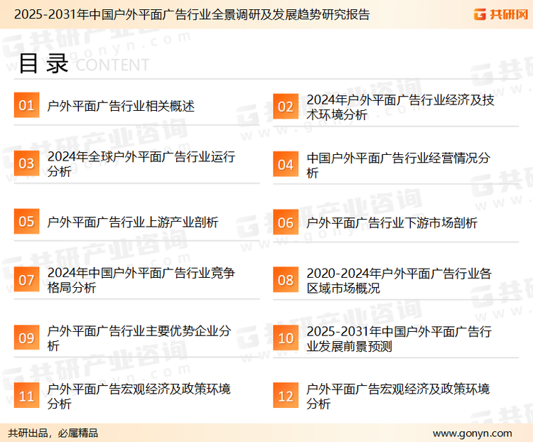 为确保户外平面广告行业数据精准性以及内容的可参考价值，共研产业研究院团队通过上市公司年报、厂家调研、经销商座谈、专家验证等多渠道开展数据采集工作，并运用共研自主建立的产业分析模型，结合市场、行业和厂商进行深度剖析，能够反映当前市场现状、热点、动态及未来趋势，使从业者能够从多种维度、多个侧面综合了解当前户外平面广告行业的发展态势。