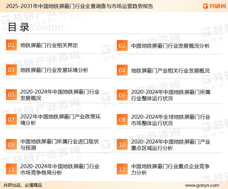 为确保地铁屏蔽门行业数据精准性以及内容的可参考价值，共研产业研究院团队通过上市公司年报、厂家调研、经销商座谈、专家验证等多渠道开展数据采集工作，并运用共研自主建立的产业分析模型，结合市场、行业和厂商进行深度剖析，能够反映当前市场现状、热点、动态及未来趋势，使从业者能够从多种维度、多个侧面综合了解当前地铁屏蔽门行业的发展态势。