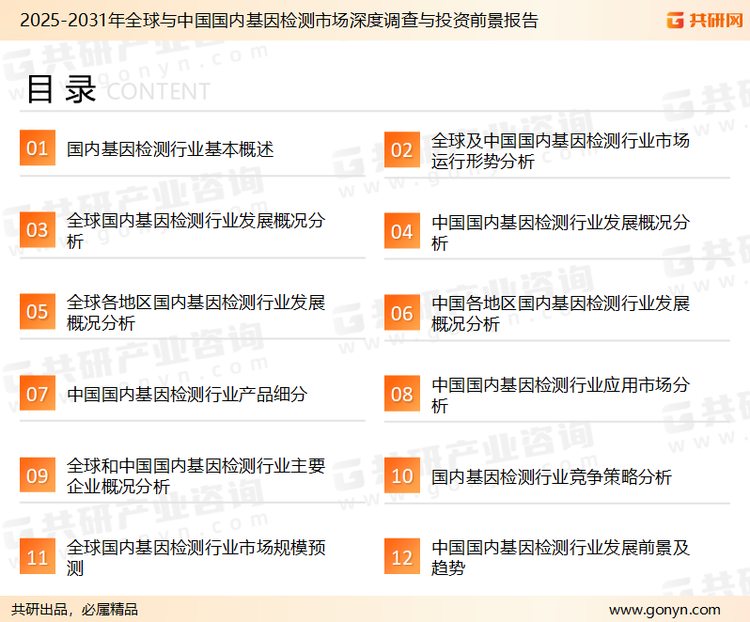 为确保基因检测行业数据精准性以及内容的可参考价值，共研产业研究院团队通过上市公司年报、厂家调研、经销商座谈、专家验证等多渠道开展数据采集工作，并运用共研自主建立的产业分析模型，结合市场、行业和厂商进行深度剖析，能够反映当前市场现状、热点、动态及未来趋势，使从业者能够从多种维度、多个侧面综合了解当前基因检测行业的发展态势。